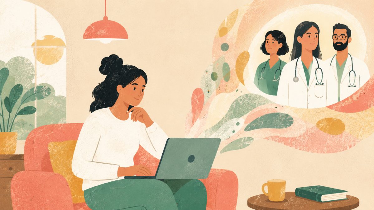 Una paziente cerca informazioni online dal divano e immagina diversi specialisti medici
