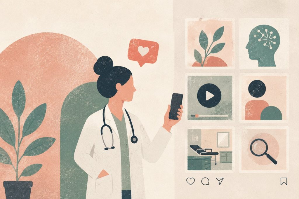 Illustrazione: una dottoressa comunica online con i pazienti tramite smartphone e contenuti digitali